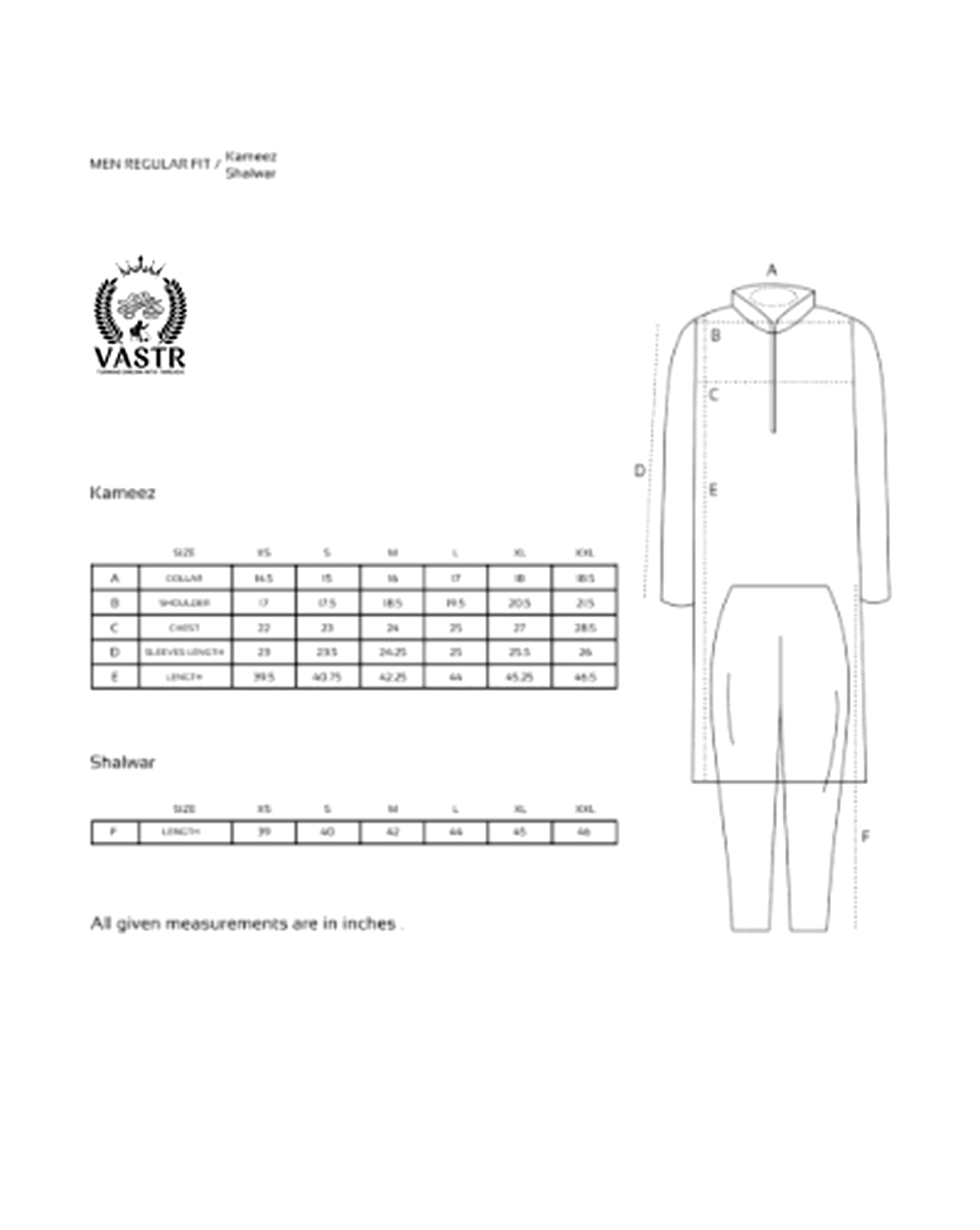 VASTR Size Guide - Men Regular Fit Shalwar Kameez Measurements